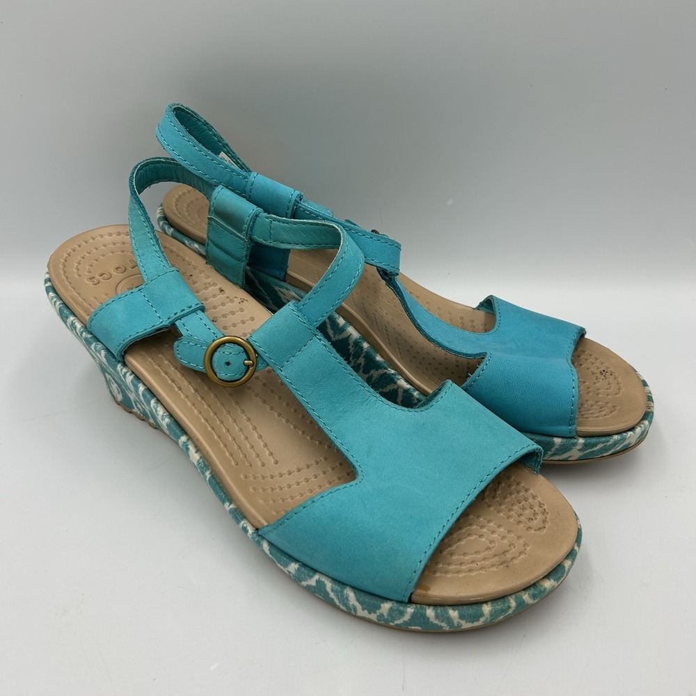 CROCS A-Leigh Wedge Sandals Turquoise Blue‎ Cork Heel Womens Size 9 Beach Summer